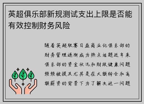 英超俱乐部新规测试支出上限是否能有效控制财务风险 英超俱乐部新规测试支出上限是否能有效控制财务风险